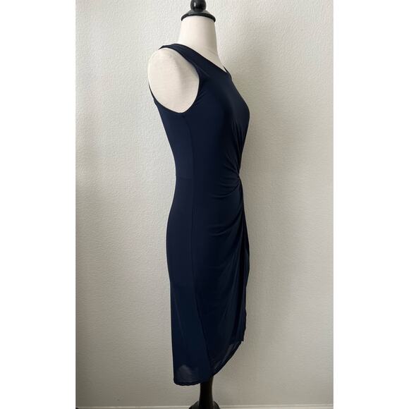 T Tahari Bellini Dress Navy Blue Micro Mesh Side Knot Sleeveless Bodycon - Picture 2 of 8